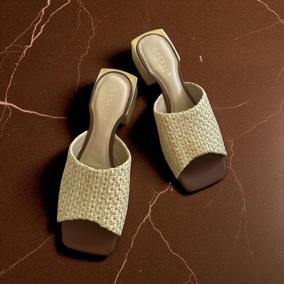 CECELIA NEW YORK Straw Gold Block Heels Sandals Size 10 - Picture 1 of 13
